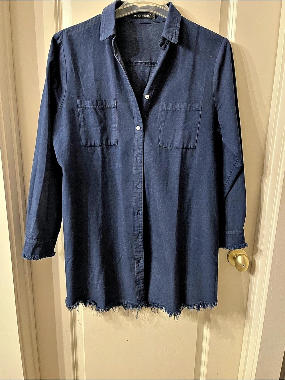 ZILCREMO Long Sleeve Denim Button Down Shirt Dress with Frayed Hem Blue XL